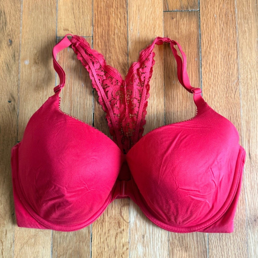 Victoria's Secret Red Lined Demi Front Close Lace Racerback Bra 34DDD